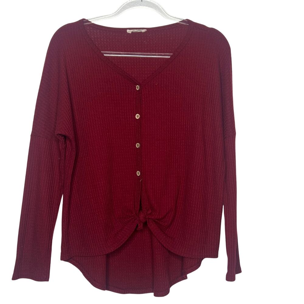 ADORA Thermal Button Knot Top Long Sleeve V-Neck Waffle Knit Burgundy Womens L - Picture 3 of 7